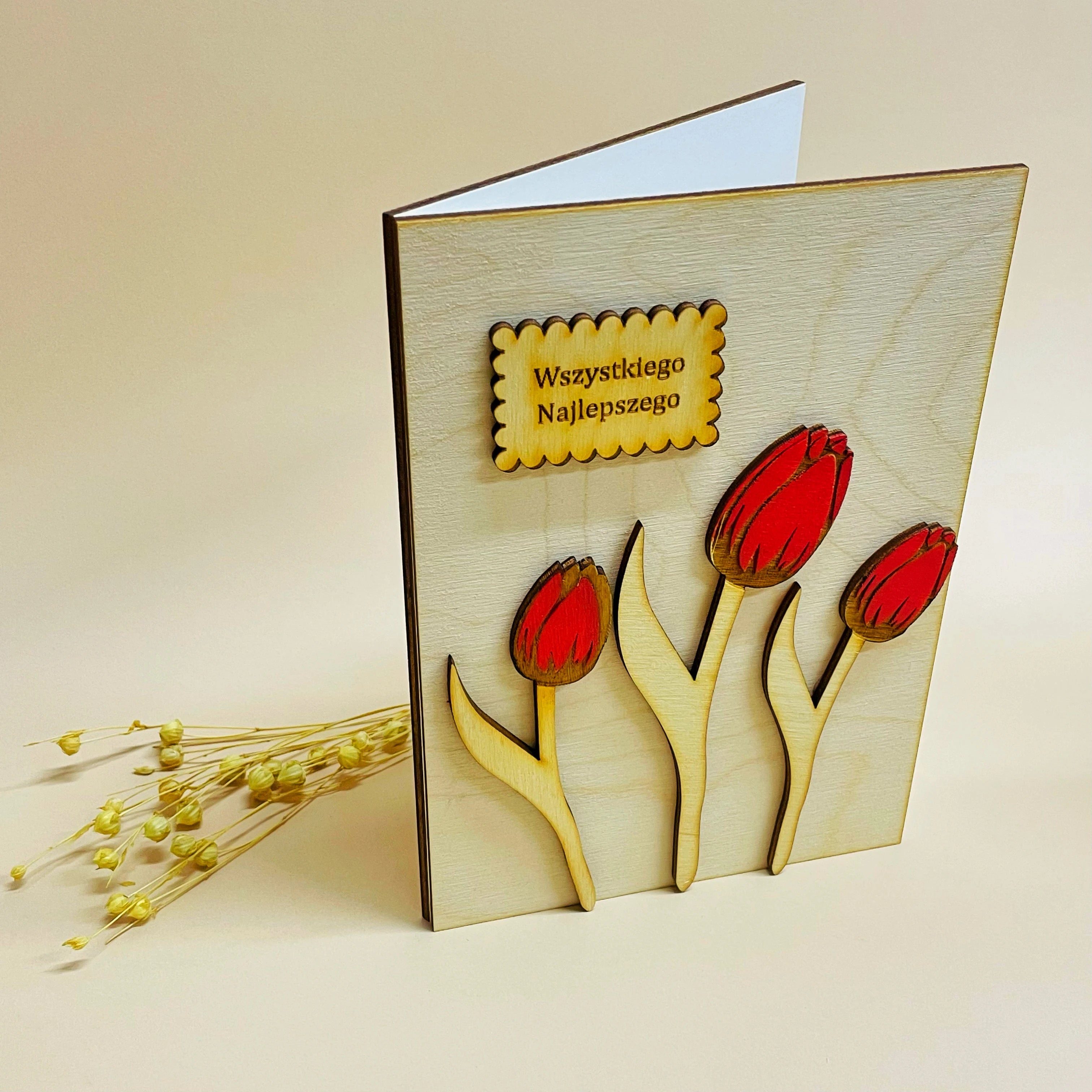 Drewniana rustykalna kartka urodzinowa / imieninowa z życzeniami