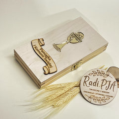 Pamiątka drewniana I Komunia Święta na pieniądze