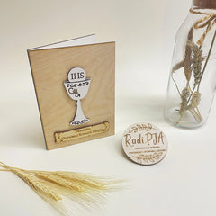 Kartka Pamiątka rystykalna z personalizacją i życzeniami I Komunia Święta