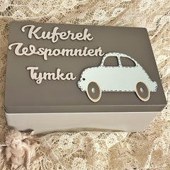 Kuferek szkatułka dla dziecka 30cm z imieniem i samochodem